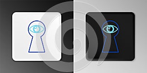Line Keyhole with eye icon isolated on grey background. The eye looks into the keyhole. Keyhole eye hole. Colorful