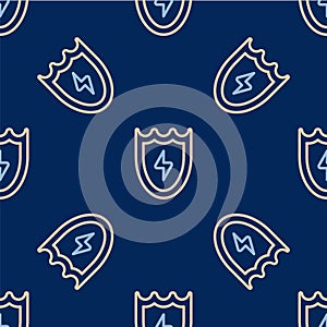 Line Lightning and shield icon isolated seamless pattern on blue background. High voltage shield. Safe energy. Vector