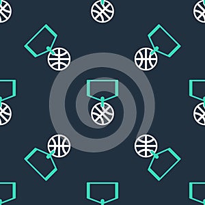 Line Location with basketball ball inside icon isolated seamless pattern on black background. Vector