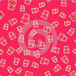Line Lock and heart icon isolated seamless pattern on red background. Locked Heart. Love symbol and keyhole sign