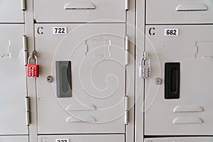 Line of lockers with the lock in the hallway of campus in primary school