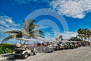 A line of LSVs on Isle Mujeres Island off the Cancun coast Mexico