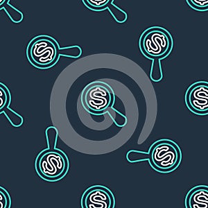 Line Magnifying glass and dollar icon isolated seamless pattern on black background. Find money. Looking for money