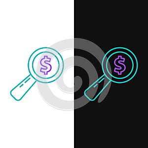 Line Magnifying glass and dollar icon isolated on white and black background. Find money. Looking for money. Colorful
