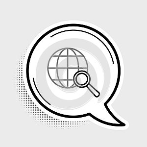 Line Magnifying glass with globe icon isolated on grey background. Analyzing the world. Global search sign. Colorful