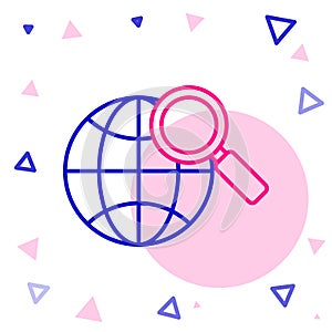 Line Magnifying glass with globe icon isolated on white background. Analyzing the world. Global search sign. Colorful