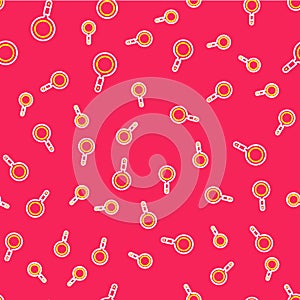 Line Magnifying glass icon isolated seamless pattern on red background. Search, focus, zoom, business symbol. Vector