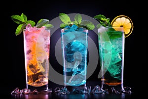 Line of many colorful alcoholic cocktails on a bar in a nightclub on dark. Generative AI