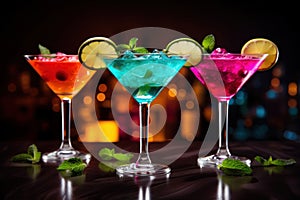 Line of many colorful alcoholic cocktails on a bar in a nightclub on dark. Generative AI