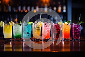 Line of many colorful alcoholic cocktails on a bar in a nightclub on dark. Generative AI