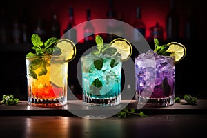 Line of many colorful alcoholic cocktails on a bar in a nightclub on dark. Generative AI