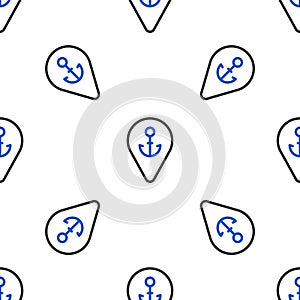 Line Map pointer with anchor icon isolated seamless pattern on white background. Colorful outline concept. Vector