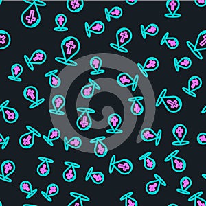 Line Map pointer with christian cross icon isolated seamless pattern on black background. Vector Illustration