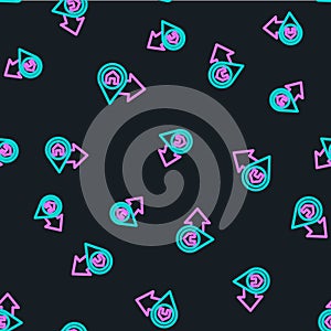 Line Map pointer with house icon isolated seamless pattern on black background. Home location marker symbol. Vector