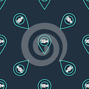 Line Map pointer with 18 plus icon isolated seamless pattern on black background. Age restriction symbol. 18 plus
