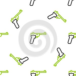 Line Mauser gun icon isolated seamless pattern on white background. Mauser C96 is a semi-automatic pistol. Vector