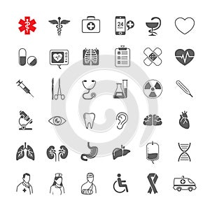 Line medical icons set general, tools, organs, symbols