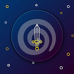 Line Medieval sword icon isolated on blue background. Colorful outline concept. Vector