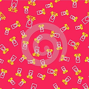 Line Medusa Gorgon head with snakes greek icon isolated seamless pattern on red background. Vector