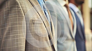 A line of mens suits neatly displayed in a row, showcasing professional attire for office workers