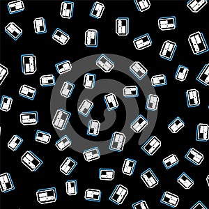 Line Micro Sim Card icon isolated seamless pattern on black background. Mobile and wireless communication technologies