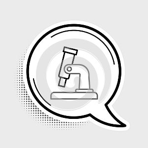 Line Microscope icon isolated on grey background. Chemistry, pharmaceutical instrument, microbiology magnifying tool