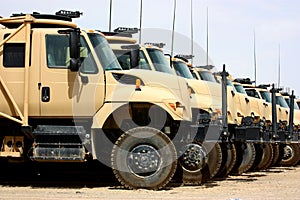 Line of military transportation trucks