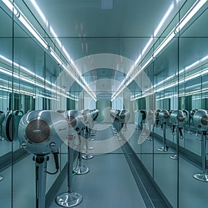 Line of Mirrors With Multiple Hair Dryers, A row of hair dryers lined up in front of a long row of mirrors, creating a symmetrical photo