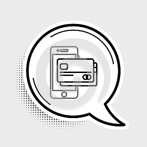 Line Mobile phone and credit card icon isolated on grey background. Smartphone online payment concept. NFC payment