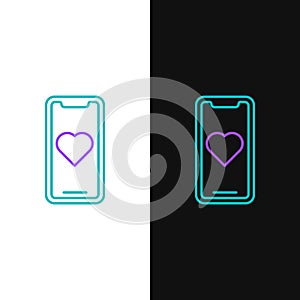 Line Mobile phone with heart icon isolated on white and black background. Valentines day. Colorful outline concept