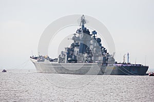 A line of modern russian military naval battleships warships in the row, northern fleet and baltic sea fleet in the open sea