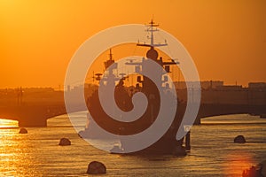 A line of modern russian military naval battleships warships in the row, northern fleet and baltic sea fleet in the open sea