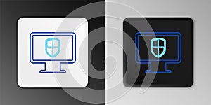 Line Monitor and shield icon isolated on grey background. Computer security, firewall technology, internet privacy