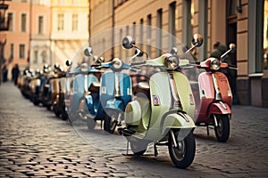 A line of mopeds neatly lined up next to each other on a picturesque cobblestone street, Retro Vespa scooters in different shades