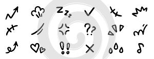 Line movement effect element, express anime effect decoration icon. Hand drawn cute doodle line element arrow, emphasis