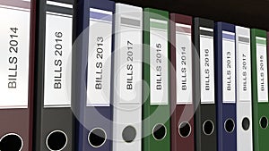 Line of multicolor office binders with Bills tags different years 3D rendering