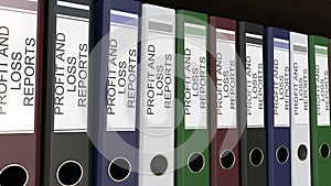 Line of multicolor office binders with Profit and loss reports tags 3D rendering