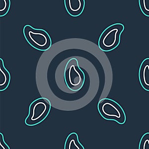 Line Mussel icon isolated seamless pattern on black background. Fresh delicious seafood. Vector