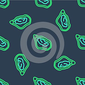 Line Mussel icon isolated seamless pattern on blue background. Fresh delicious seafood. Vector