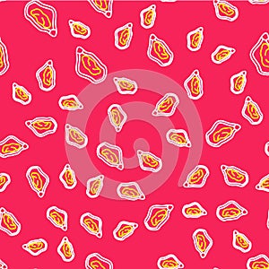 Line Mussel icon isolated seamless pattern on red background. Fresh delicious seafood. Vector