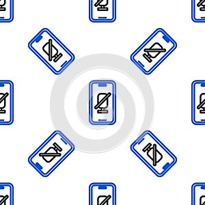 Line Mute microphone on mobile phone icon isolated seamless pattern on white background. Microphone audio muted