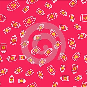 Line Nuclear energy battery icon isolated seamless pattern on red background. Vector