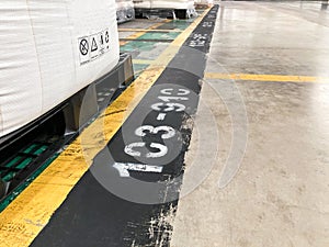 Line and number on the floor which use to identify the location of pallet inside of the warehouse. Warehouse management,