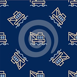 Line Oil platform in the sea icon isolated seamless pattern on blue background. Drilling rig at sea. Oil platform, gas