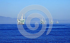 Line of Oil Rigs off California Coast Shot from Ocean