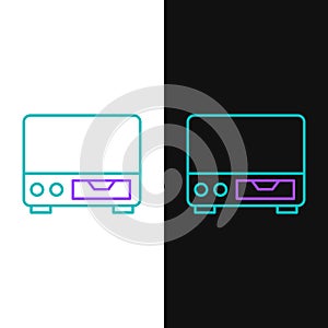 Line Old video cassette player icon isolated on white and black background. Old beautiful retro hipster video cassette