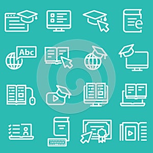 Line Online Education Vector Icons. Online lecture, diploma, communication