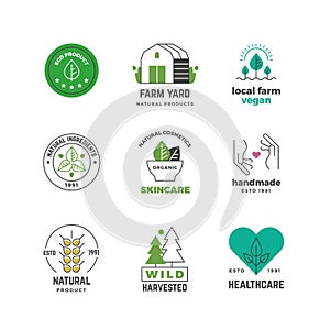 Line organic logo. Green vegan shop label, nature plants vegetarian stamp, restaurant menu sticker design. Vector eco