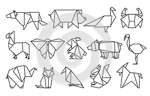 Line origami animals. Abstract polygon animals, folded paper shapes, modern japan design templates. Vector animal icons