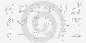 Line origami animals. Geometric folded Japanese traditional papercraft animals, simple outline sketch folded zoo. Vector